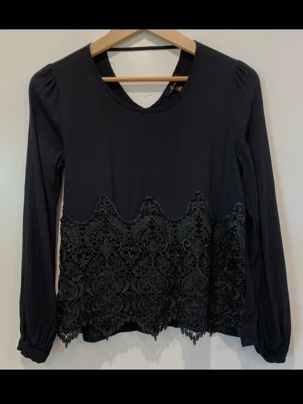 Anthropologie Monteau Black Long Sleeve Lace-Trim Blouse Top - Image 7