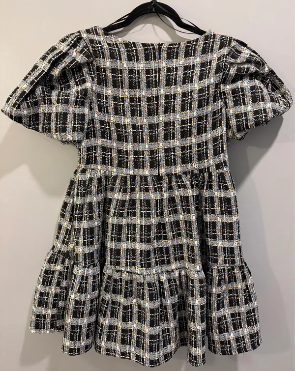 English Factory Colorful Tweed Square Neck Puff Sleeve Babydoll Dress Black Multi - Image 6