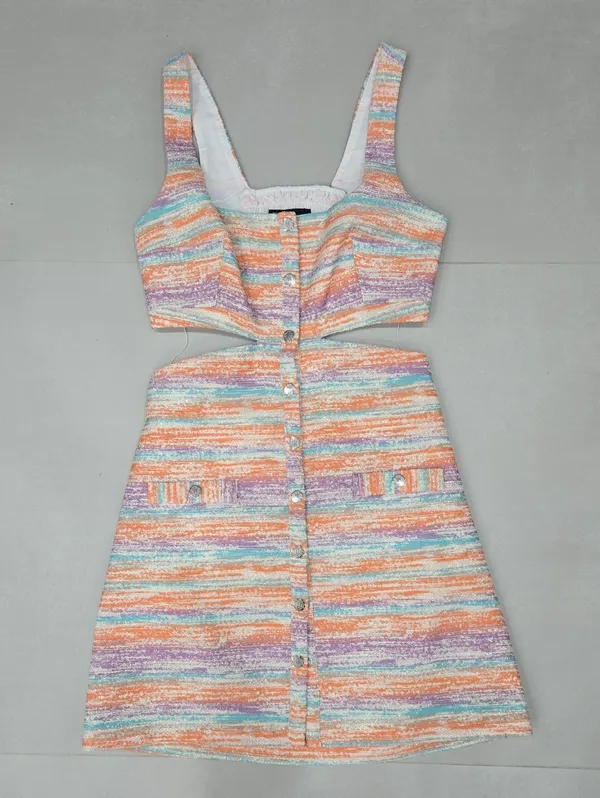 Nee Maje Pastel Striped Cutout Tweed Mini Dress Size 38 - Image 4