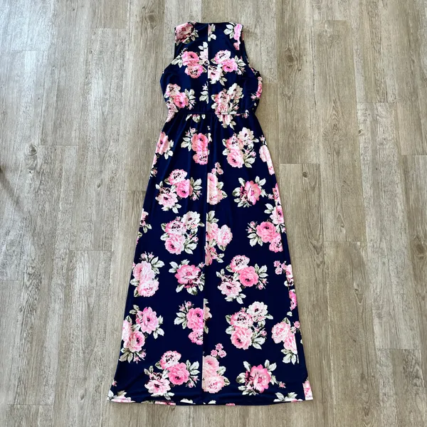 Womens Three Pink Hearts Blue with Pink Floral Print Maxi Dress - M - Image 5