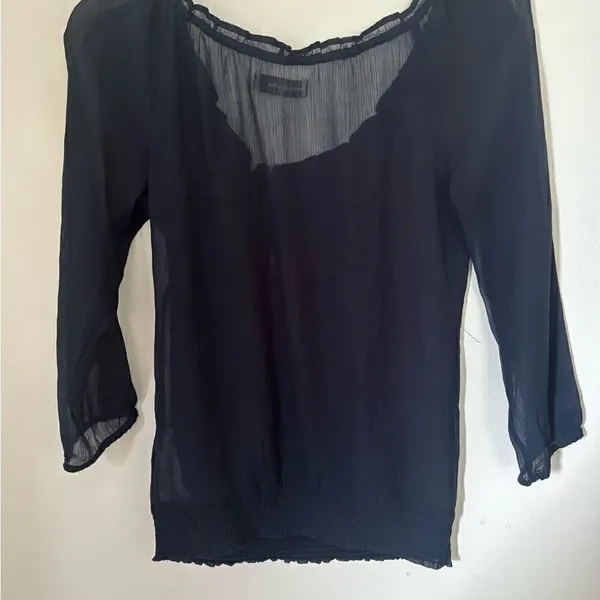 Abercrombie & Fitch Sheer Ruffle Button Blouse Size XS Navy - Image 12