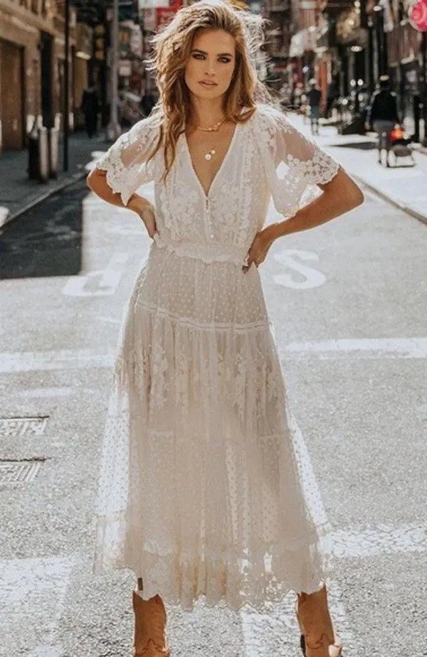 Boutique NEW White Lace V-neck Semi-Sheer Short Sleeve Maxi Dress - Image 2
