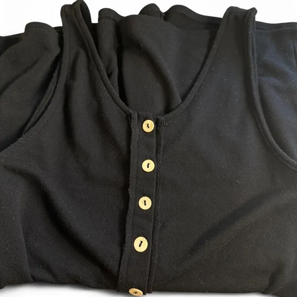 Black Henley Tank Romper Sleeveless Wood Buttons Casual Summer Knit - Image 4