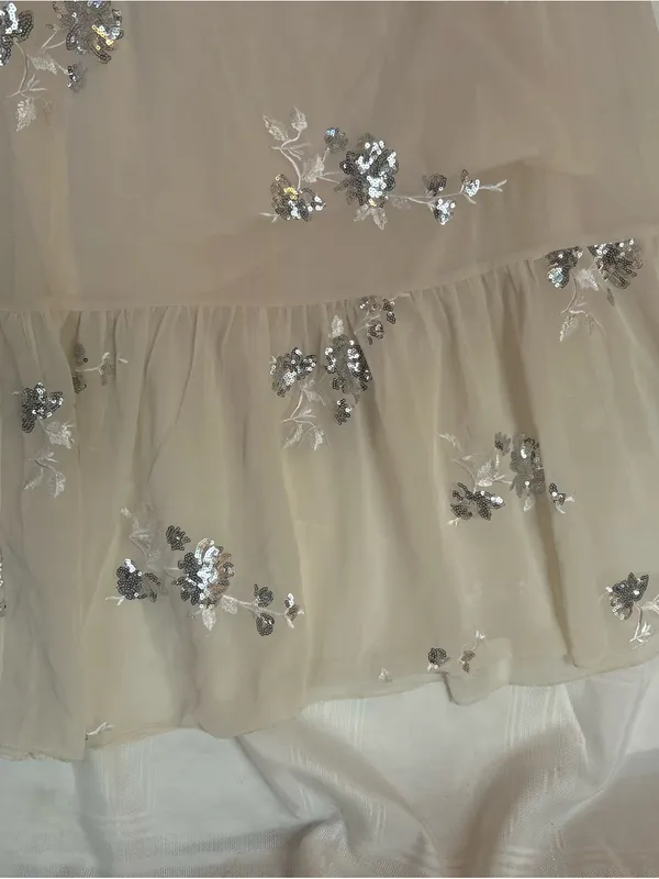 Cream Midi Dress with Silver Sequin Floral Embellishments, Ruffled Hem, Medium. - Image 5