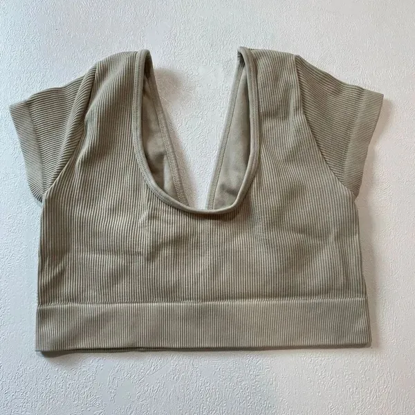Aerie Ribbed O Ring Cutout Crop Top Beige Short Sleeve Size M - Image 3