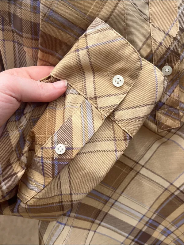 Lauren Ralph Lauren Women’s Beige Lilac Plaid Long Sleeve Mock Neck Blouse Sz S - Image 4