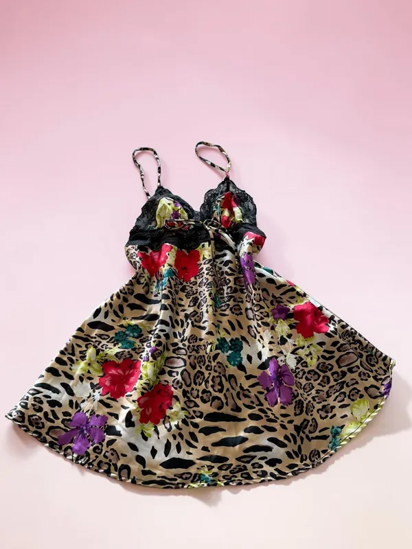 Sofia Intimates Leopard and Floral Satin Lace Trim‎ Chemise Slip Dress - Image 2