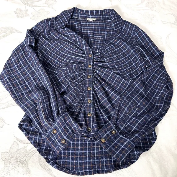 Pilcro Anthropologie Womens-S Blouse Blue Plaid‎ Ruched Button Front Flannel - Image 6