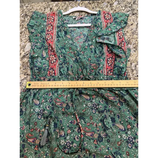 Boemo Ruffle Prairie Floral Green Paisley Maxi Dress V-Neck Ruffle Size Medium - Image 9