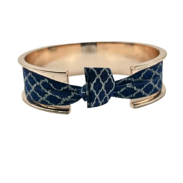 Gold Tone Ribbon Tie Cuff Bracelet Blue White Lattice‎ Pattern Preppy Nautical - Image 3
