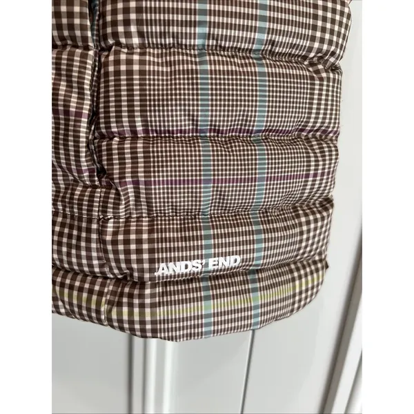 Lands End Down Puffer Vest Brown Plaid Full Zip Outdoor Preppy Heritage - Image 3