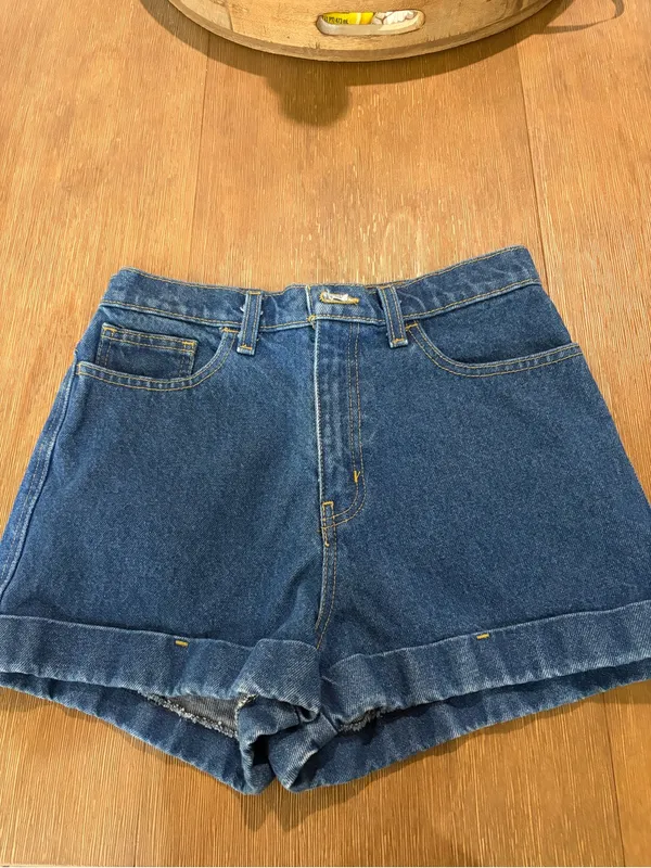 American Apparel High Waisted Cuff Denim Shorts Size 28 Blue Jean Vintage - Image 2