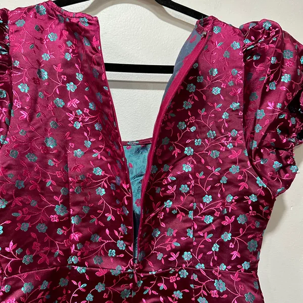 Lulus Always Decadent Magenta Floral Brocade Puff Sleeve Mini Dress Size Medium - Image 8