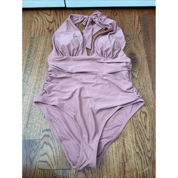 Cupshe Women's Plunge Halter Backless Ruched Dusty Rose Swimsuit Size Large New - Image 2