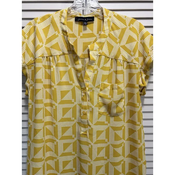 Jasmine & Juliana Yellow/White Geo‎ Blouse Size M Cap Sleeve Chiffon Buttons - Image 3
