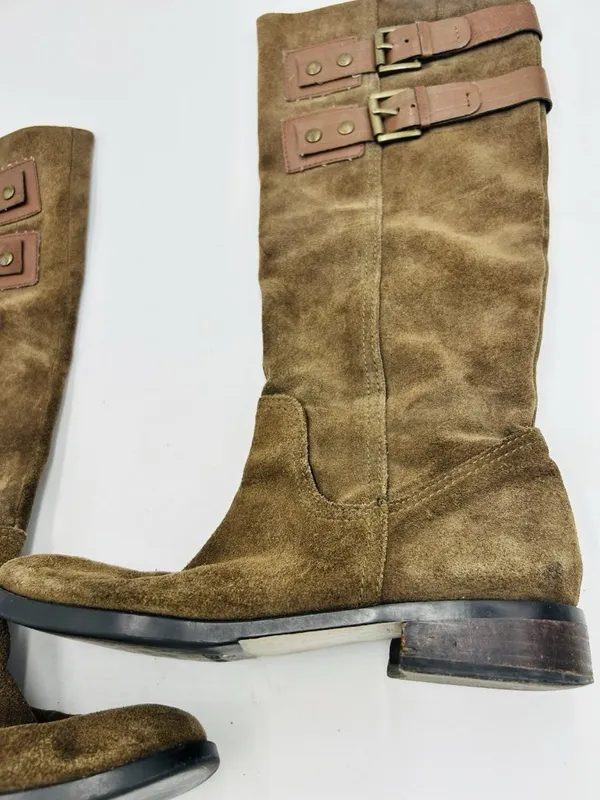 Nine West Taupe Brown Suede Tumble Tall Riding Boots Sz 9 Double Buckle - Image 3