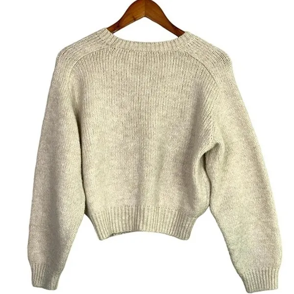 ZARA Cropped Ribbed Hems Long Sleeve Crew Neck Chunky Knit Sweater Small Cream - Image 5