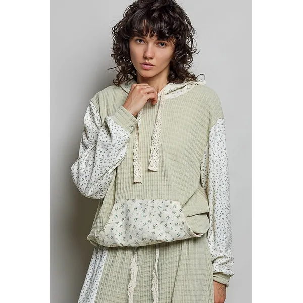POL Mixed Knit Contrast Print Sleeve Hoodie with Kangaroo Pocket - Sage - Medium - Image 4
