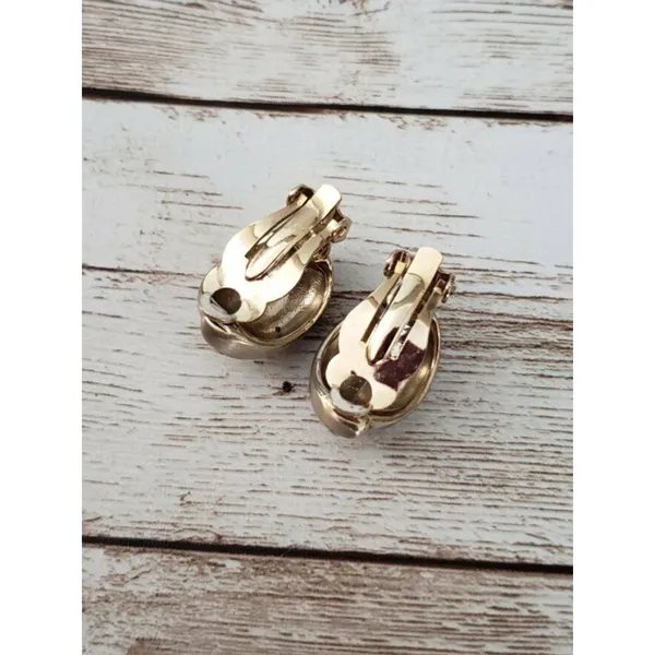 Vintage Clip On Earrings - Gold Tone with Inlayed Clear Gems 7/8" - Image 3