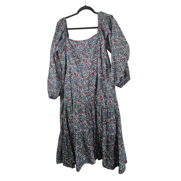 Summersalt Floral Smocked Puff Sleeve Cotton‎ Midi Dress Blue Red 2XL Plus Size - Image 2