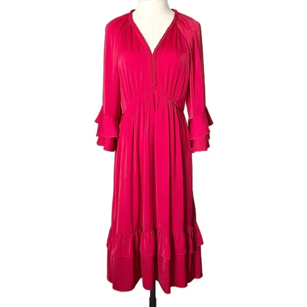 Kobi Halperin Bryant Red Braided V-Neck Ruffle Sleeve Midi Dress Size Small - Image 2