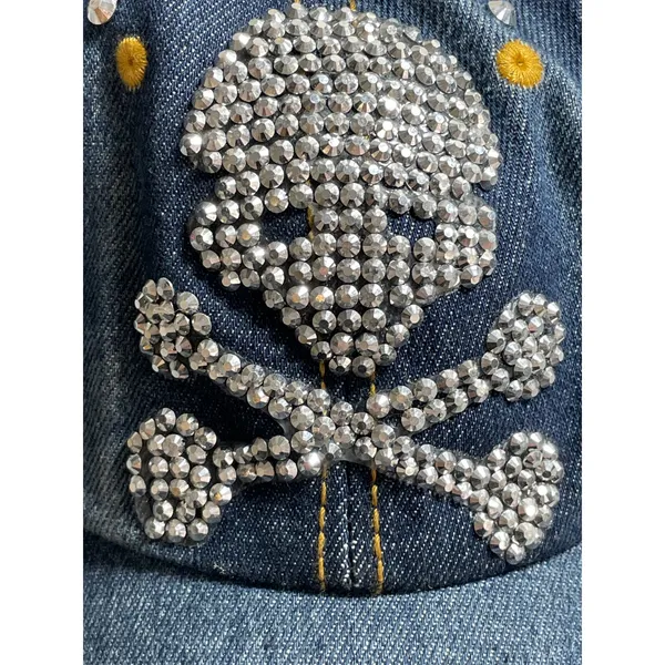 Women's Blue Rhinestone Bling Chambray Y2k Denim Jean Strapback Hat Cap OS - Image 2