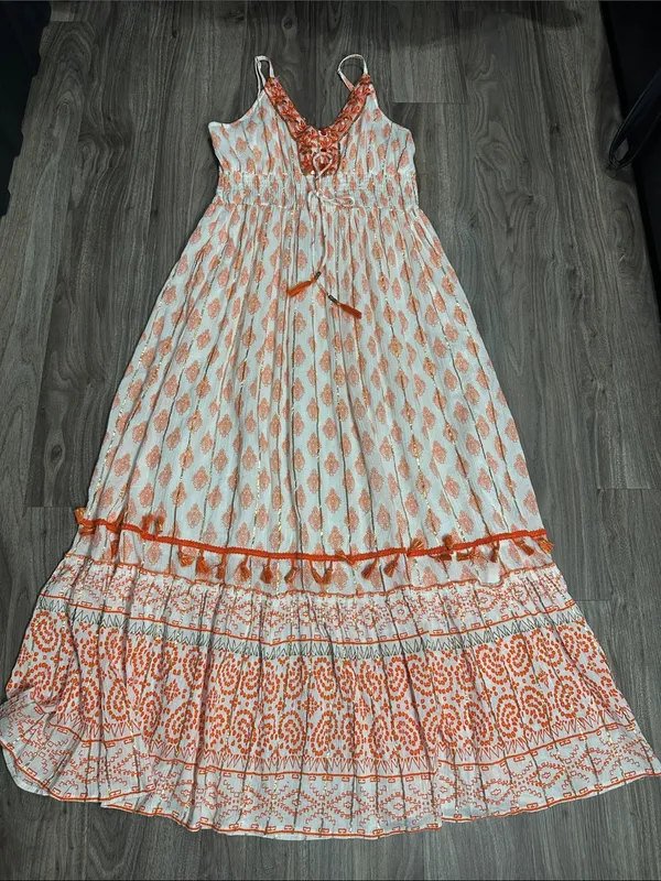 Me 2 Magic Boho Maxi Dress Orange White Embroidered V-Neck Fringe. - Image 12