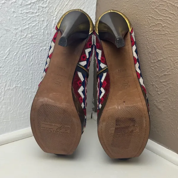 Donald J Pliner Couture Embroidered Peep Toe Platform Pumps Gold Red‎ Blue 6.5M - Image 9