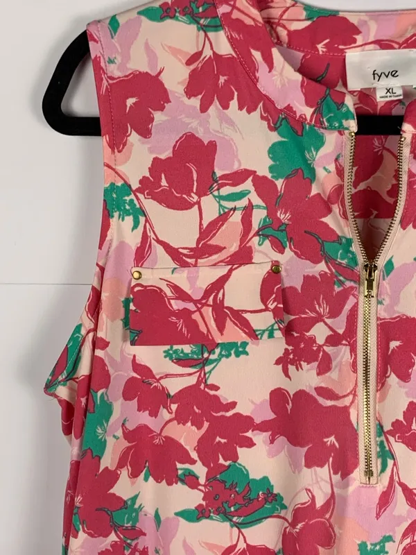 Fyve Womens XL Tropical Floral Sleeveless Blouse Pink High Low Tunic - Image 12