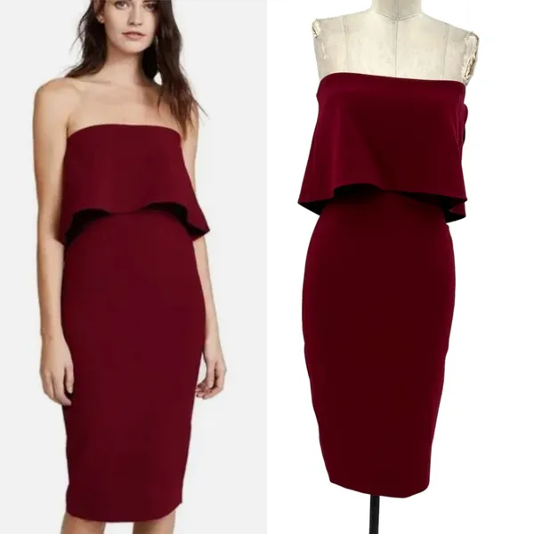 Likely Driggs Midi Dress Sheath Strapless Ruffle Burgundy Red Purple‎ Size 2 - Image 2