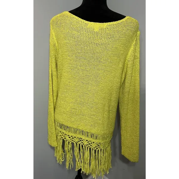 Lime Green Sweater Fringe Hem Bright Size Large~Boho Festival Arts Boston Proper - Image 2