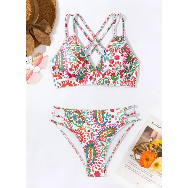 Boutique Colorful Floral Push Up V Neck Bikini Crisscross Back Two-Piece Swimsuit LARGE - Image 3