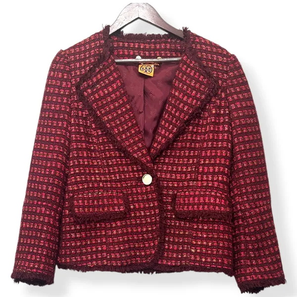 Tory Burch Tweed Boucle‎ Blazer Red Gold Metallic Designer Luxe Preppy Women 8 - Image 2