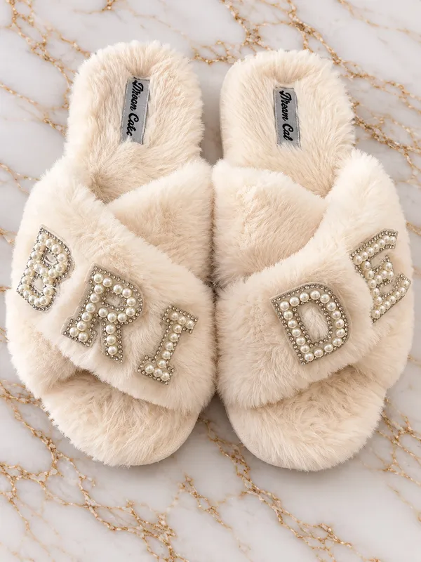 Bride Fuzzy Pearl Rhinestone Slippers – Cream – Size M 7/8 - Image 3