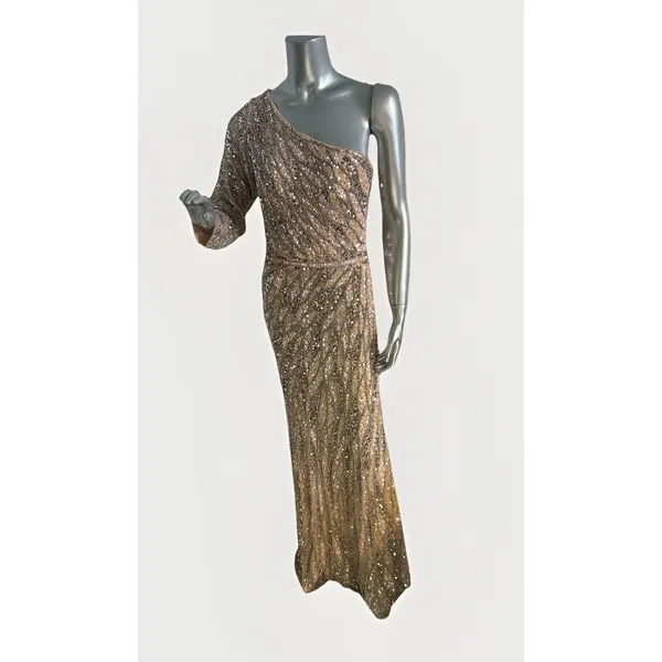 MAC DUGGAL 4982 EMBELLISHED ONE SLEEVE W/ SEQUIN BELT ROSE GOLD GOWN sz 8 - Image 7