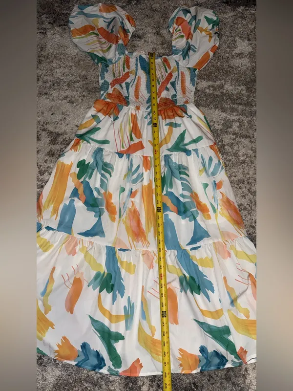 Smocked Puff-Sleeve Midi Dress in White with Orange & Teal Print - Image 11