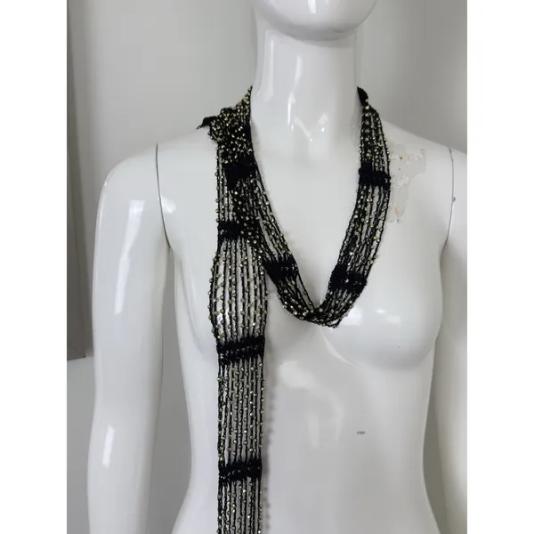 Women’s Black Crocheted Gold Bead Fringe Necklace Scarf Belt 72x2 - Image 3