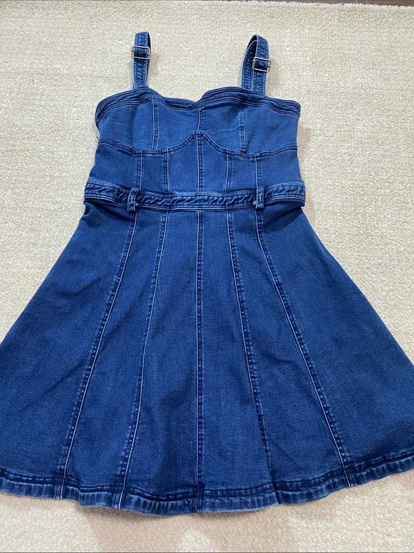 Free People Dark Indigo Denim Mini Dress Size L It has pockets on the sides. - Image 16