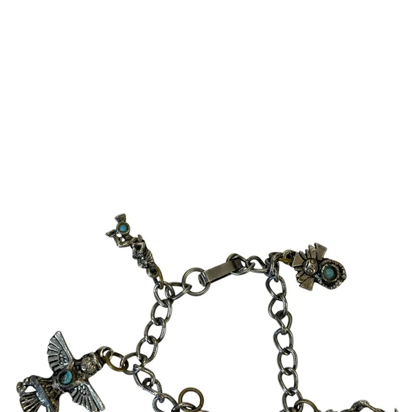 Turquoise Accented Charm Bracelet Anklet Southwestern Silver Tone Tribal Boho - Image 6