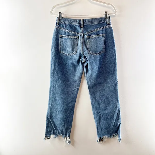 Free People Mid Rise Maggie Button Fly Straight Leg Chewed Hem Jeans Blue 26 - Image 4