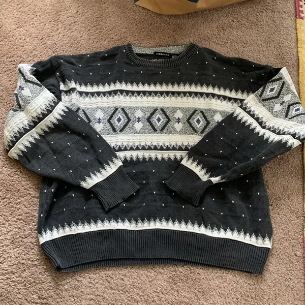 Liz Claiborne Vintage Oversized Cotton Sweater (Sz L) Gray Geo Diamond Grandpa - Image 2