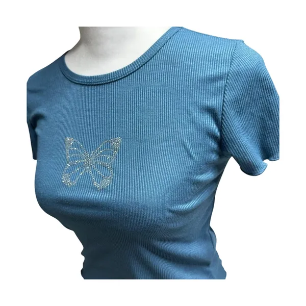 Y2K Rhinestone Butterfly Baby Tee Small Blue Coquette Ribbed Hippie Rose - Image 4