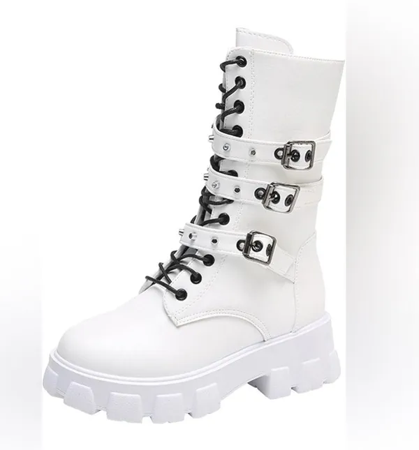 White Combat Boots w/ Buckles Woman’s Size 38 (7.5) NWOT - Image 6