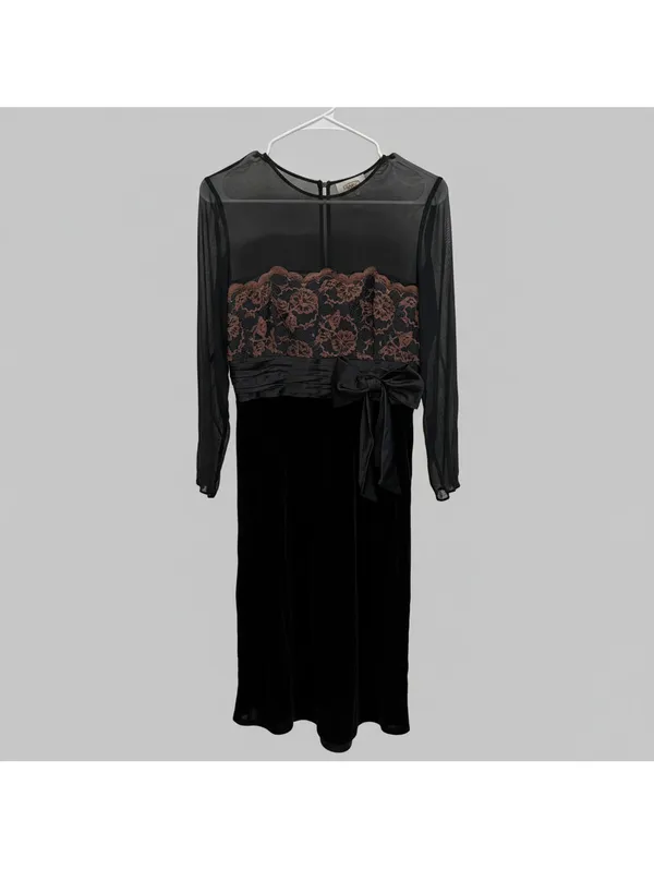 Vintage Talbots Black Velvet Lace Maxi Dress Sheer Mesh Bow Size 8 Dark Romantic - Image 2
