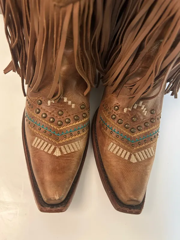 Corral Ladies 7.5 Brown & Multicolor Crystal Fringe Snip Toe Boots C2910 - Image 4