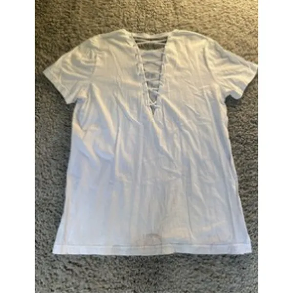 PINK Victoria's Secret White Lace Up Short Sleeve Graphic Tee Large - Image 2
