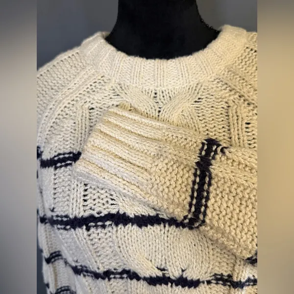 J. Jill Cream & Navy Striped Crew Pullover Preppy Cable Knit Raglan Sweater XS - Image 4
