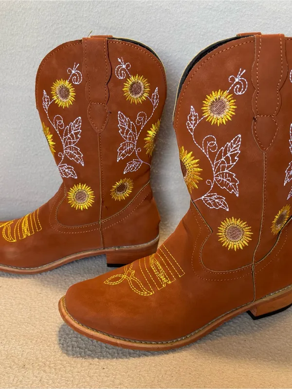 Brown Sunflower Embroidered Cowgirl Boots size 37-please see approx. measurement - Image 2