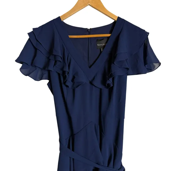 Shani Navy Blue Ruffle Trim V-Neck Flutter Sleeve Formal Evening Maxi Dress 6 - Image 5
