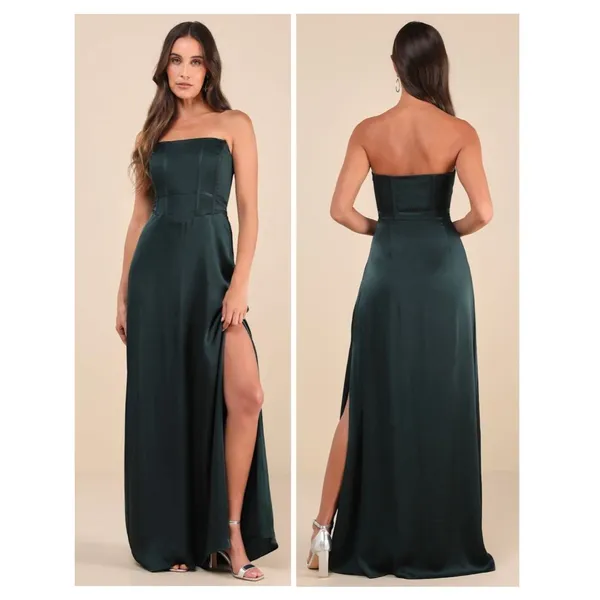 Lulus Extraordinary Presence Dark Green Satin Strapless Maxi Dress Size XS NWT - Image 2